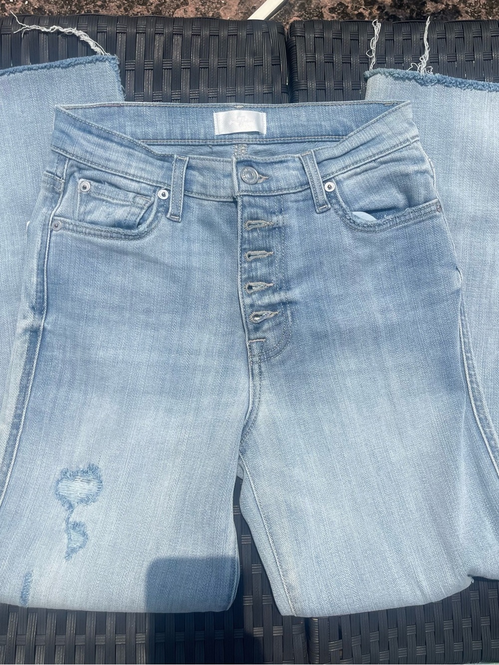 7 For All Mankind Light Blue Straight Leg Button-Fly Jeans with Subtle Distress